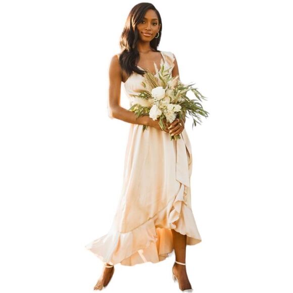 Show Me Your Mumu Samantha Ruffle Wrap Dress in Champagne Luxe Satin NEW Small - Picture 5 of 16